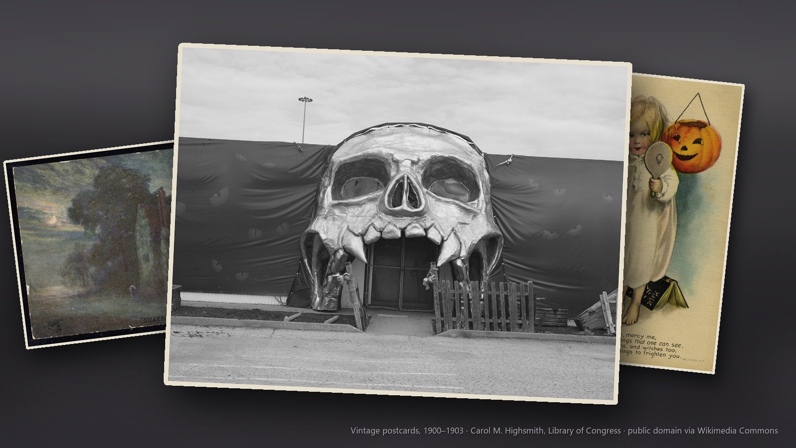 Halloween images: the skull-faced doorway of a Fort Worth Halloween attraction, a moonlit 'haunted' house on an old postcard and a little girl in her nightgown with a mirror and a jack-o'-lantern