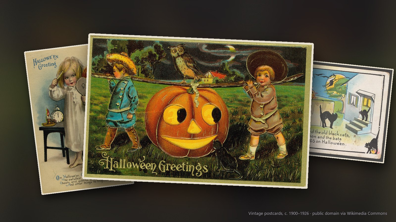 Vintage Halloween postcards: two boys with a giant jack-o'-lantern, a little girl in her nightgown with a mirror and a jack-o'-lantern and jack-o'-lanterns and black cats along a fence