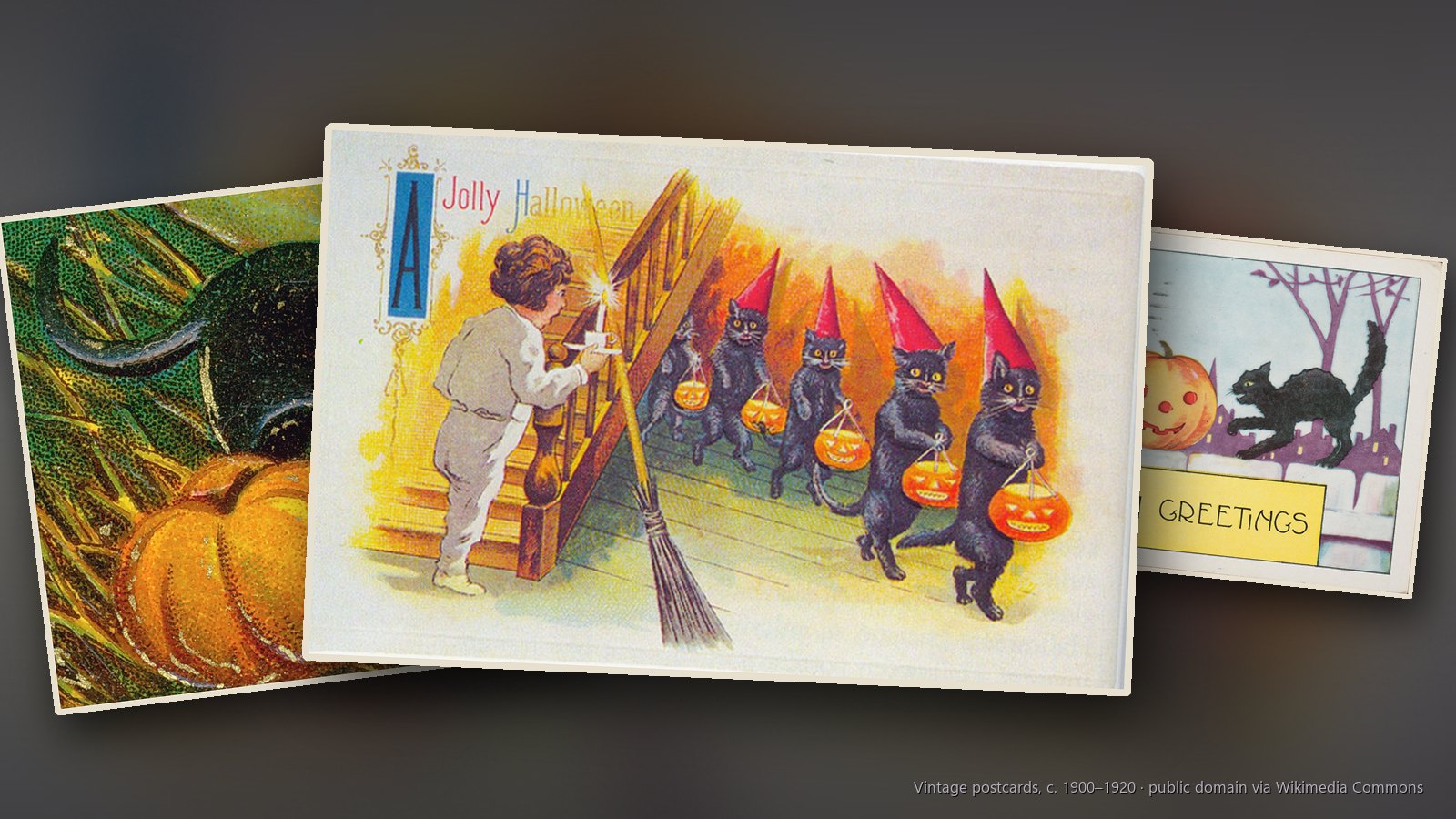 Vintage Halloween postcards: a parade of black cats carrying lanterns up the stairs, a black cat arching over a pumpkin and two black cats and a jack-o'-lantern