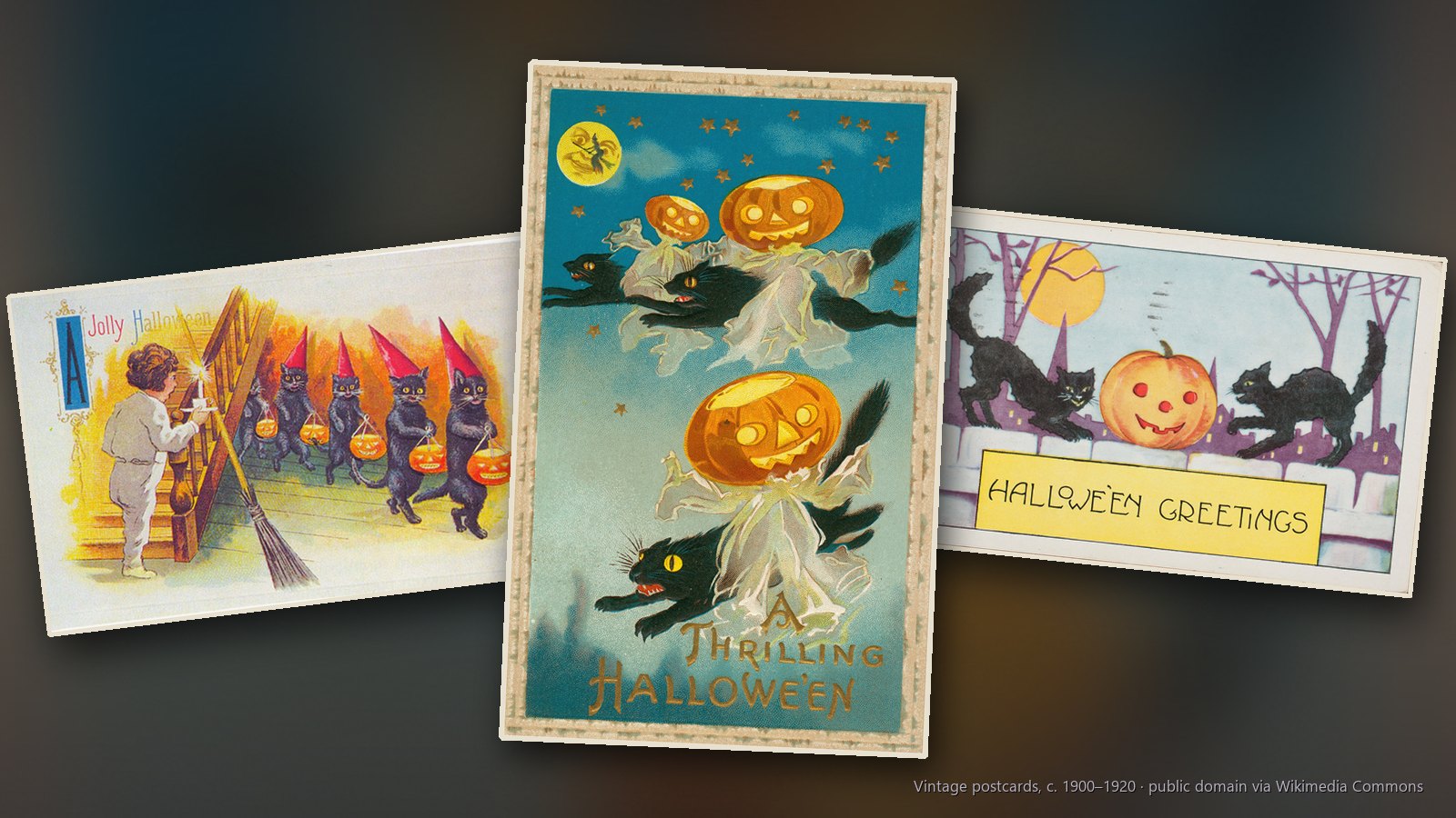Vintage Halloween postcards: black cats and jack-o'-lantern ghosts flying through the night, a parade of black cats carrying lanterns up the stairs and two black cats and a jack-o'-lantern