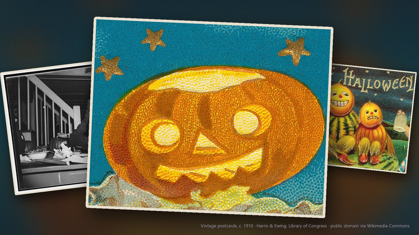 Halloween images: a glowing jack-o'-lantern under gold stars, Girl Scouts carving a pumpkin at a 1938 Halloween party and three grinning jack-o'-lanterns