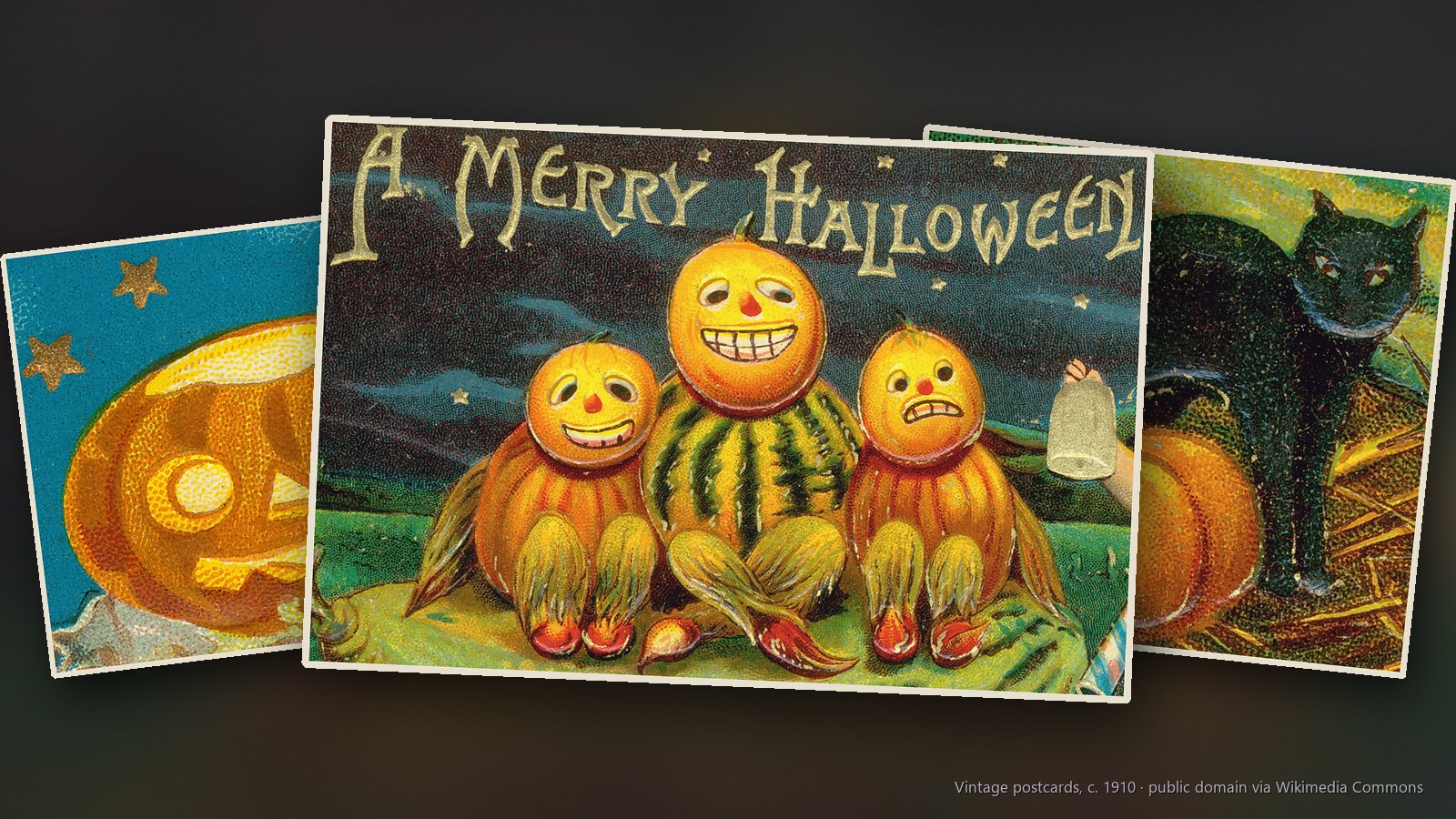 Vintage Halloween postcards: three grinning jack-o'-lanterns, a glowing jack-o'-lantern under gold stars and a black cat arching over a pumpkin