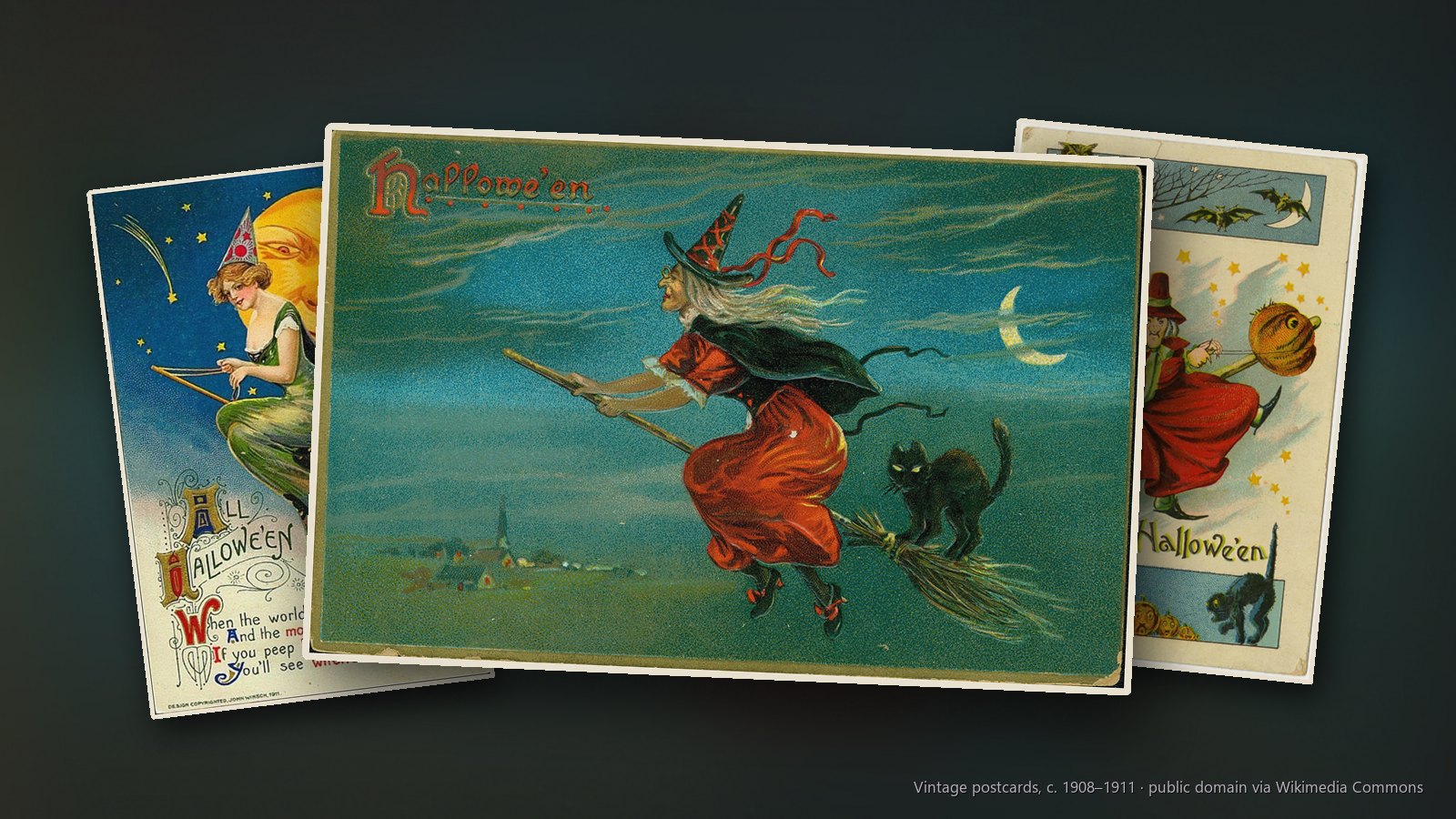 Vintage Halloween postcards: a witch on a broomstick with her black cat, a young witch riding her broom past a smiling moon and a witch on a broomstick over a row of jack-o'-lanterns