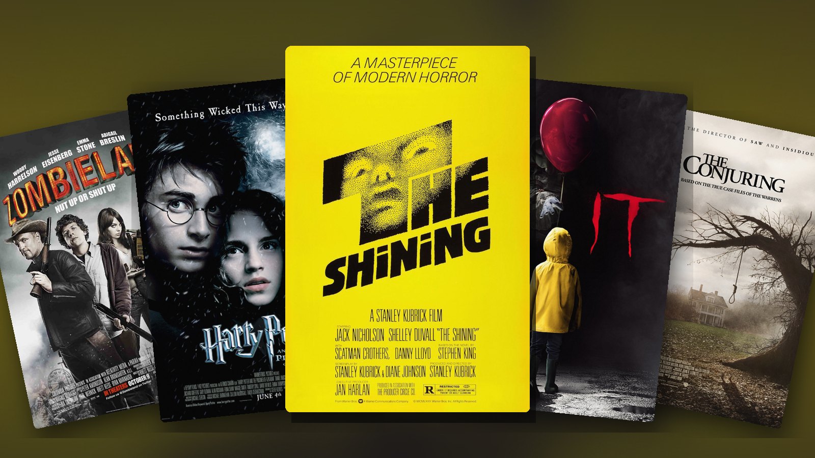 Posters for The Shining, Harry Potter and the Prisoner of Azkaban, It, Zombieland and The Conjuring