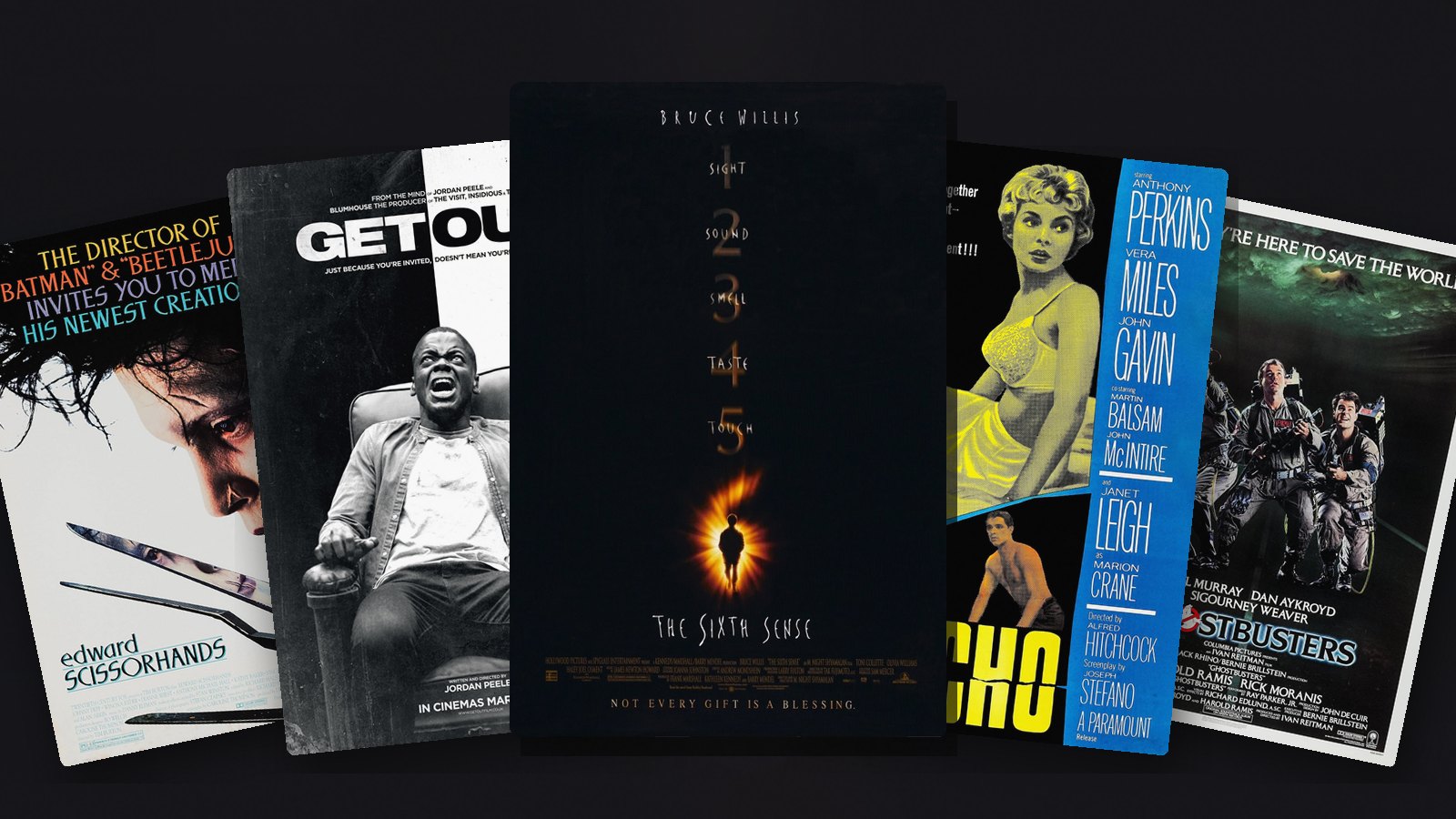 Posters for The Sixth Sense, Get Out, Psycho, Edward Scissorhands and Ghostbusters