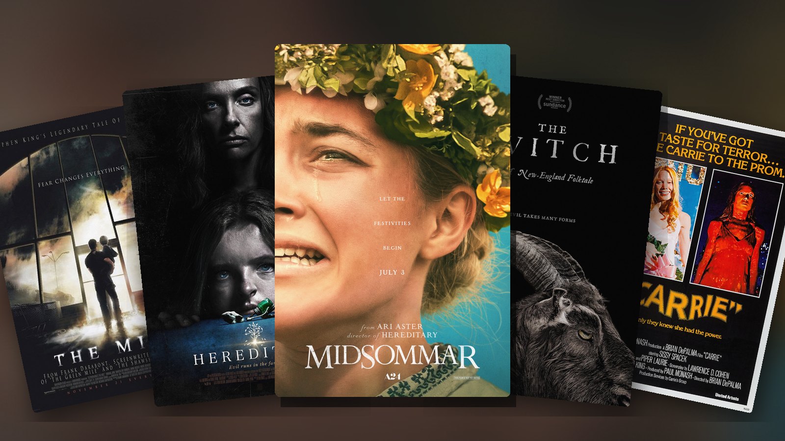 Posters for Midsommar, Hereditary, The Witch, The Mist and Carrie