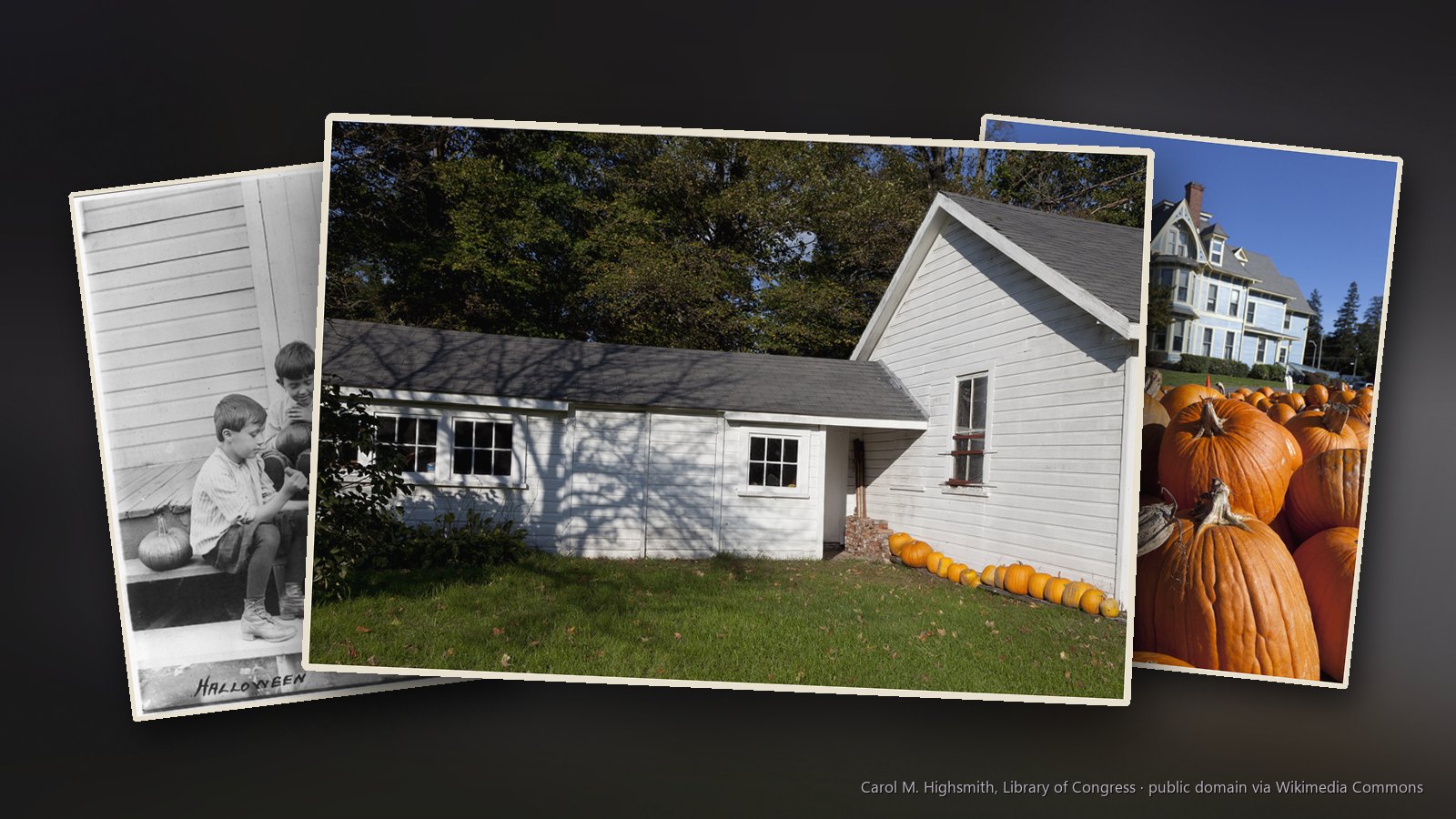 Halloween images: a white farmhouse lined with pumpkins in Suffield, Connecticut, two boys carving jack-o'-lanterns on a porch step in 1917 and pumpkins piled at a farm stand in front of a Victorian house