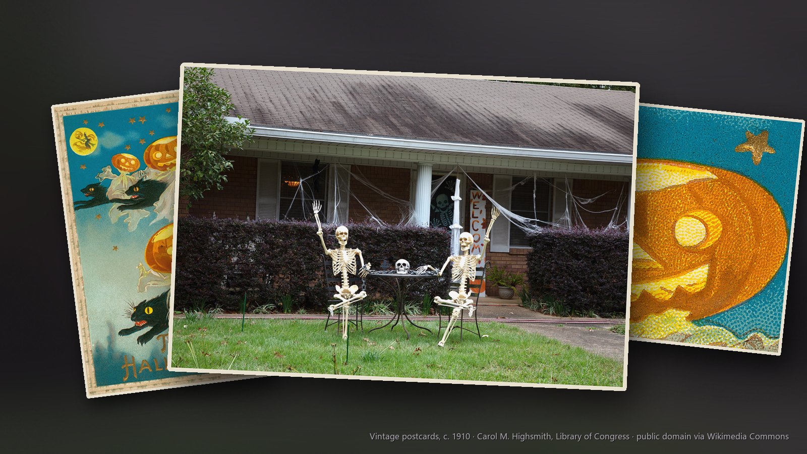Halloween images: a Louisiana house decorated with skeletons for Halloween, black cats and jack-o'-lantern ghosts flying through the night and a glowing jack-o'-lantern under gold stars
