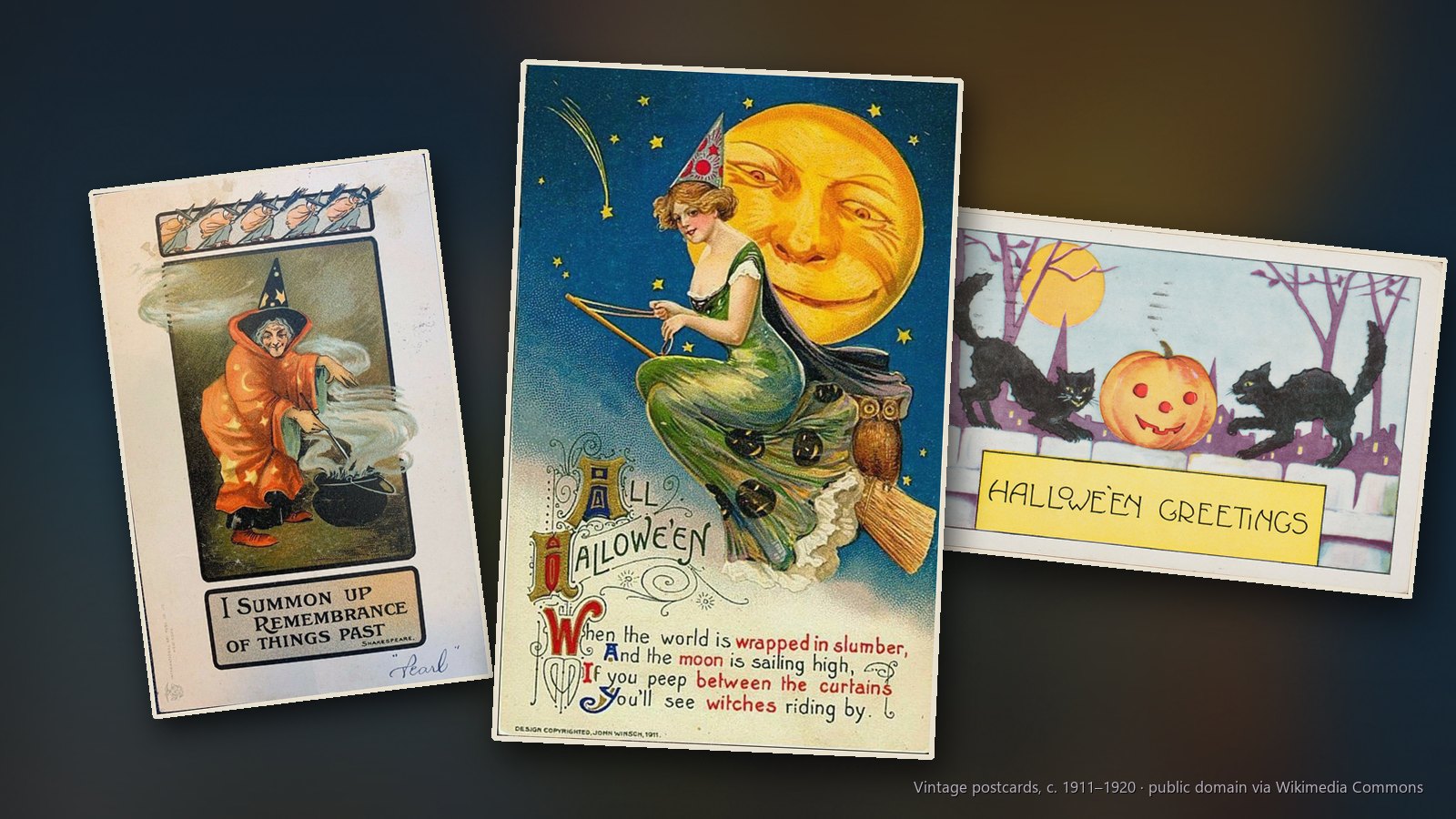 Vintage Halloween postcards: a young witch riding her broom past a smiling moon, a witch stirring her cauldron and two black cats and a jack-o'-lantern