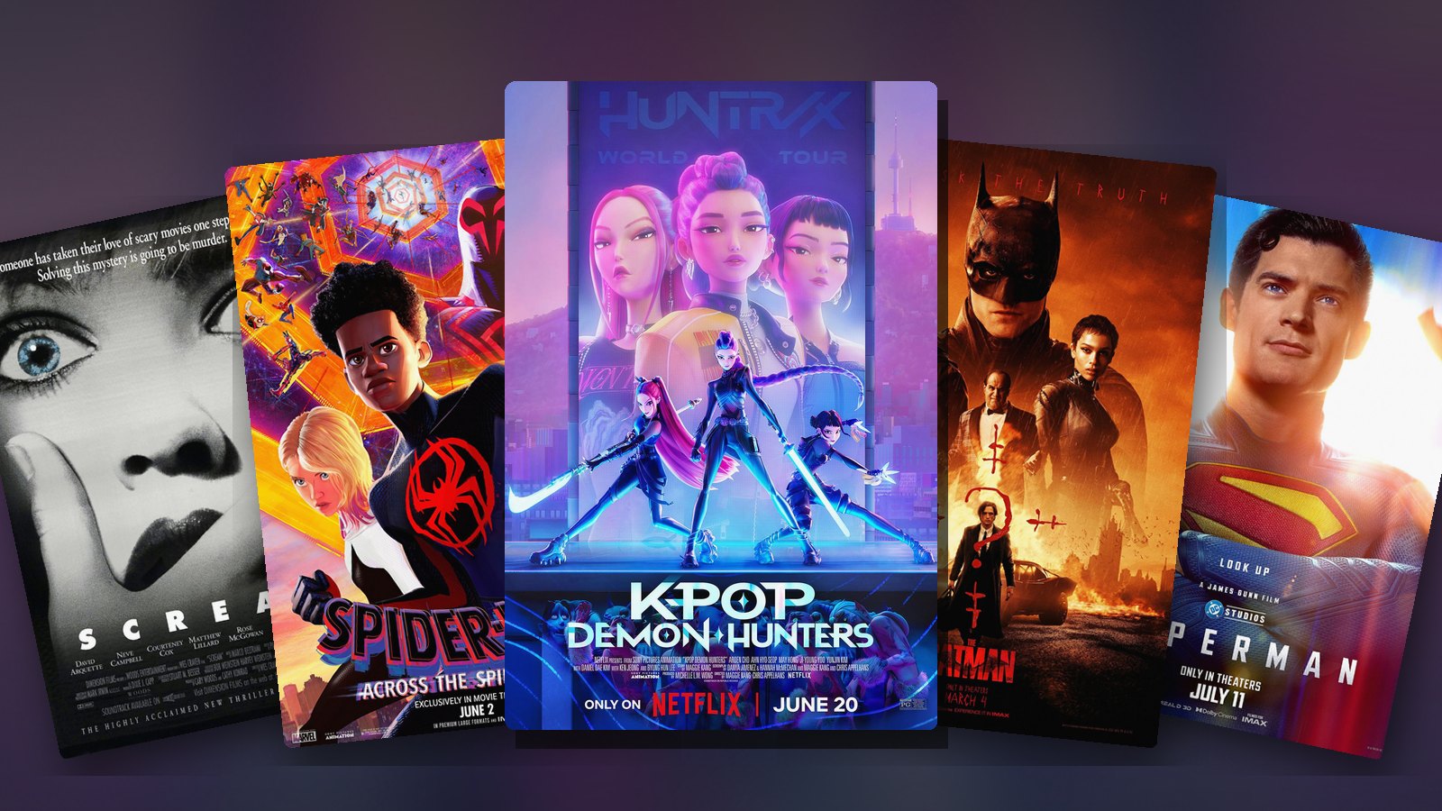 Posters for KPop Demon Hunters, Spider-Man: Across the Spider-Verse, The Batman, Scream and Superman