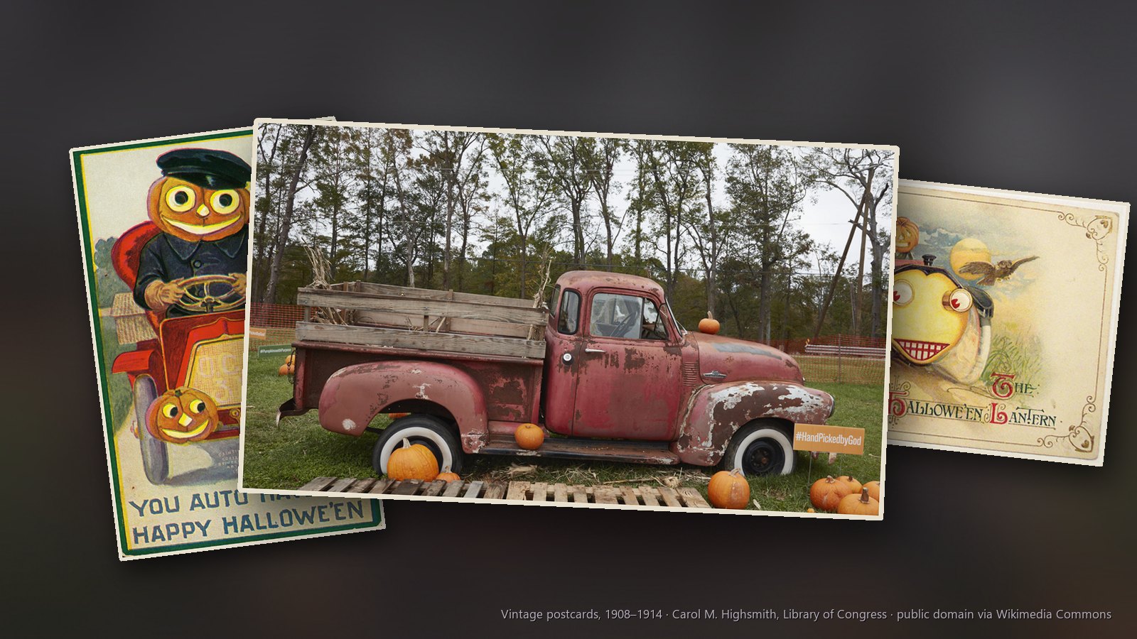 Halloween images: an old pickup truck in a Louisiana pumpkin patch, a jack-o'-lantern driving a motor car and a grinning jack-o'-lantern motor car