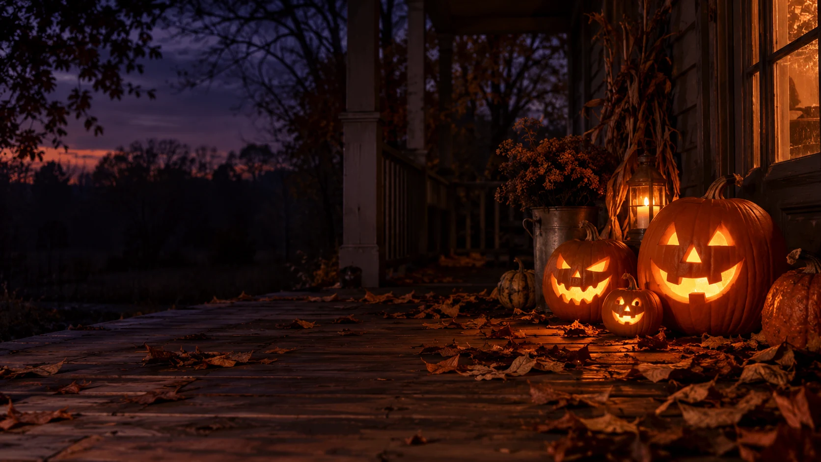 Glowing jack-o-lanterns and lanterns on an autumn porch at twilight